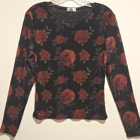 orange kiss Tops - Black Red Roses Long Mesh Sleeve Top Orange Kiss XL